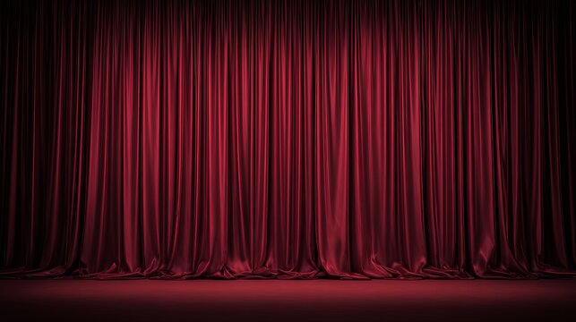 Elegant deep red velvet theater curtain with soft folds and rich texture, creating a luxurious stage backdrop with copy space for dramatic or classical design presentations