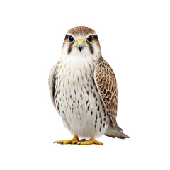 Obraz premium A detailed illustration of a falcon with brown and white feathers, sharp eyes, and yellow talons, depicted in a frontal pose.