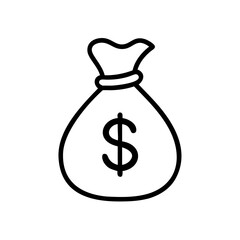 Minimalist Silhouette Icon of a Money Bag with Dollar Sign, Simple Black Line Art Design on White Background Representing Wealth, Savings, Finance, Banking, and Financial Success Concept