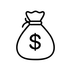 Minimalist Silhouette Icon of a Money Bag with Dollar Sign, Simple Black Line Art Design on White Background Representing Wealth, Savings, Finance, Banking, and Financial Success Concept