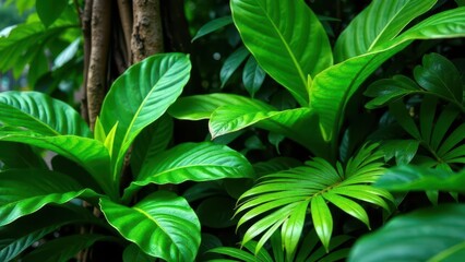 Lush Green Tropical Foliage A Close-Up View of Vibrant, Healthy Leaves in a Dense Garden Setting