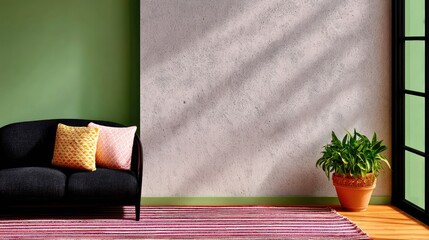 Speckled Beige Wall Decor with Green Sofa and Plant