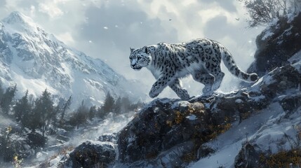 Majestic snow leopard gracefully traversing snowy mountain terrain.