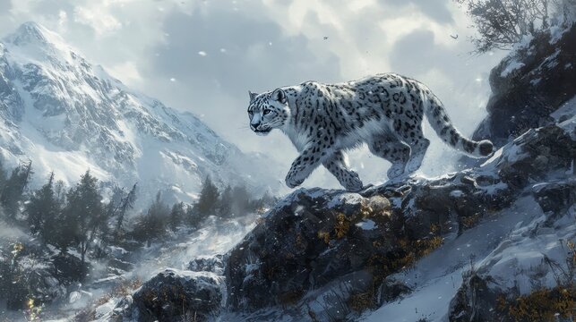 Majestic snow leopard gracefully traversing snowy mountain terrain.