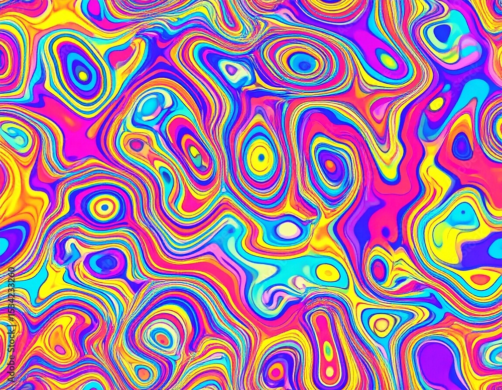 Poster an abstract psychedelic background with swirling patterns in vibrant neon colors and circular shapes