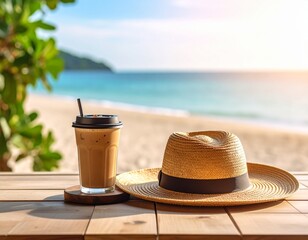 Iced coffee and straw hat on wooden table with tropical beach view