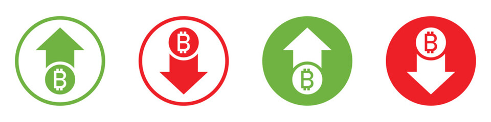 Bitcoin price trends with up and down arrows. Profit and loss crypto icons. Bull and bear cryptocurrency market. Green for rising value and red for falling. Useful for finance, apps, and blockchain.