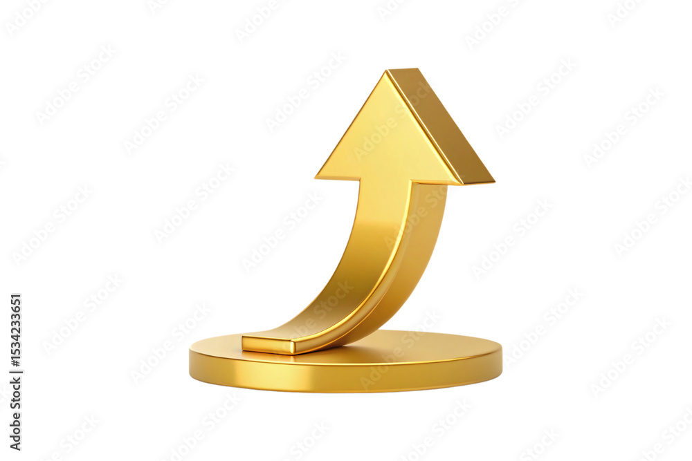 Poster golden curved arrow pointing upward on circular base, three-dimensional metallic finish, growth symb