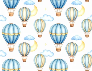 Poster A seamless pattern of blue and yellow hot air balloons with clouds and moons on a white background design