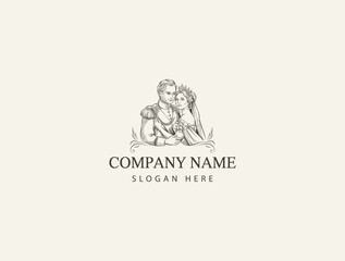Fototapeta premium Elegant Engraved Couple Wedding Logo Design, Romantic Illustration