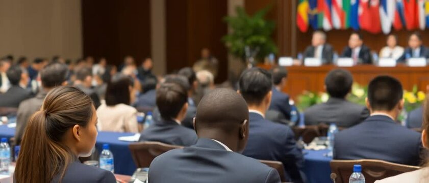 A diverse audience listens attentively during an international conference with flag backdrop. Concept of global diplomacy.