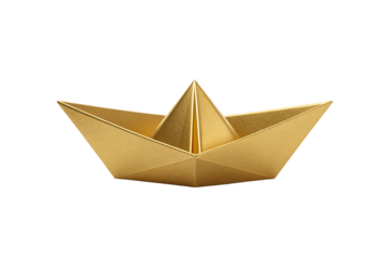 Golden origami paper boat viewed from front angle showing pointed bow and folded structure, isolated on a transparent background