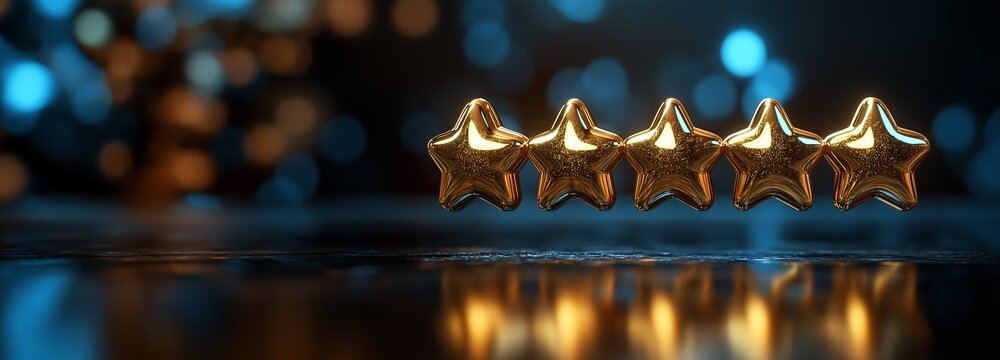 Five gold stars shine brightly against a dark background symbolizing high rating or excellence