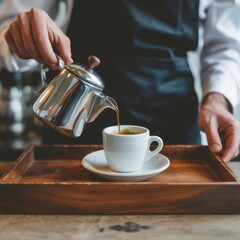 Barista hands serving espresso on a wooden tray with minimalist setting, vintage tones, craft coffee feel, ideal for cozy content marketing, clean background, no people, no text, stock-ready, 4K