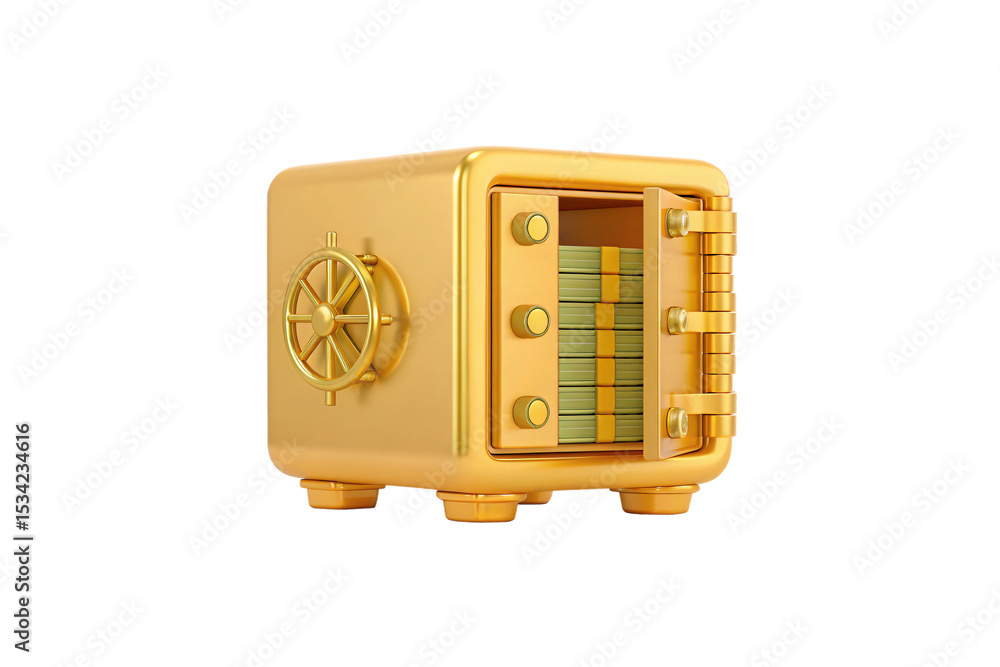 Poster golden safe with open door revealing stacks of money and combination dial lock mechanism, isolated o