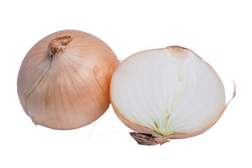 The Photo of an onion on a white background with the outer skin still intact.