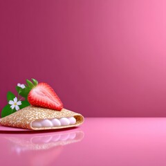 Strawberry Crepe with Cream on Pink Background