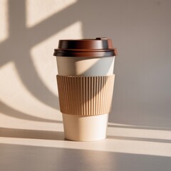 A photograph of a disposable coffee to-go cup resting on a soft, blush-colored backdrop. The cup is a classic design with a corrugated cardboard sleeve featuring a subtle geometric pattern and a brigh