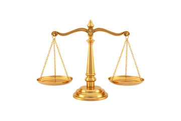 Golden scales of justice with balanced pans suspended by chains and ornate pedestal, isolated on a transparent background