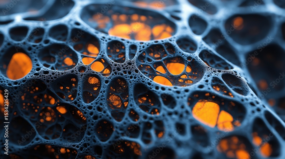 Poster microscopic mesh structure with glowing orange cores in black organic web