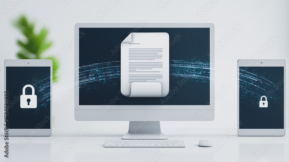 Poster secure data transmission: a computer setup showcasing digital security with a document icon prominen