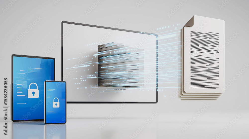 Poster data transferring across devices: this image portrays a secure and interconnected digital ecosystem,