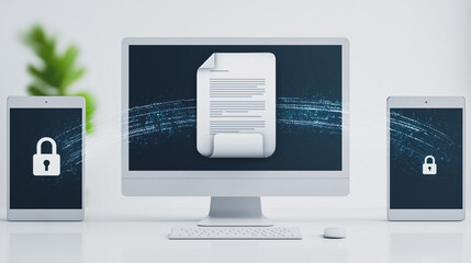 Secure Data Transmission: A computer setup showcasing digital security with a document icon prominently displayed on the monitor screen, flanked by tablet devices, all adorned with lock symbols.