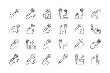 Collection of Microphone Icons in Outline Style Representing Various Types and Setups This image