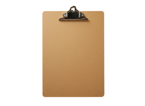 Beige clipboard with metal clip isolated on transparent background