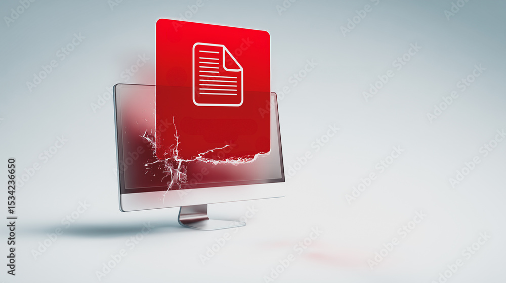 Poster data breach: a digital illustration of a computer screen shattering, symbolizing data breach with a 