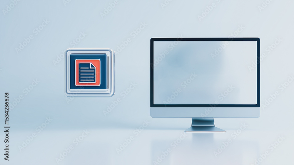 Poster digital workspace: modern computer and document icon in a sleek, minimalistic composition, emphasizi