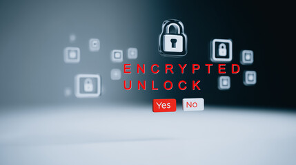 Digital Security and Encryption: A striking visual representation of digital security, with a prominent padlock icon signaling encryption, and unlock option with "Yes" or "No" prompts.