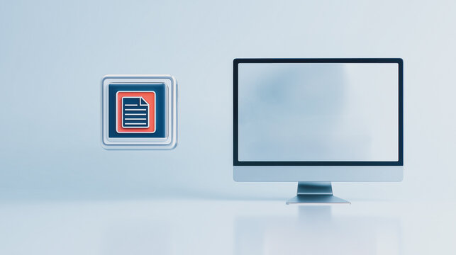 Digital workspace: Modern computer and document icon in a sleek, minimalistic composition, emphasizing the digital workplace and virtual workspace.