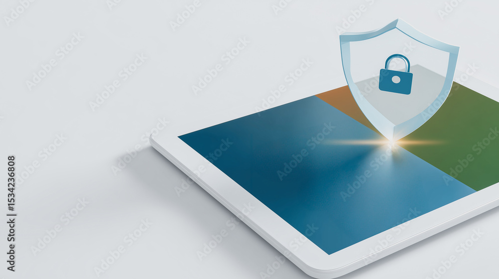 Aufkleber digital sanctuary: a tablet is fortified with a secure shield, representing data protection and cybe