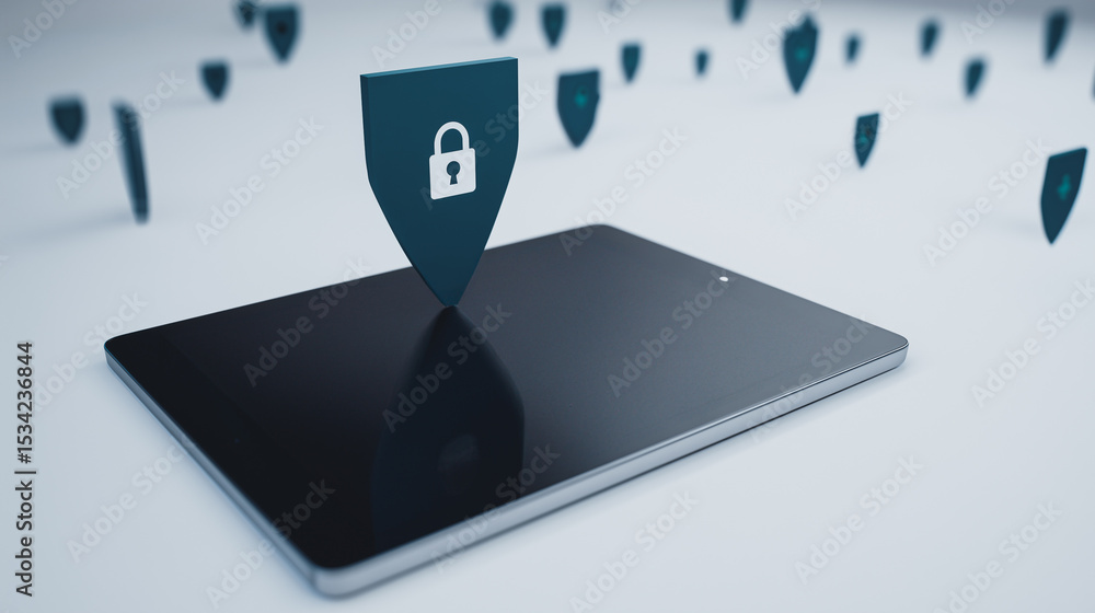 Poster digital fortress: a sleek digital tablet is enveloped by a protective shield, symbolizing robust dat