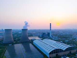 Aerial view of cars on MinPu bridge, The background is a Coal-fired power generation, Shanghai