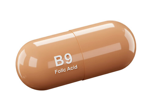 Folic acid capsule b9 vitamin supplement isolated on transparent background