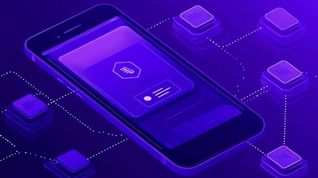 Mobile app interface, interconnected modules, digital network
