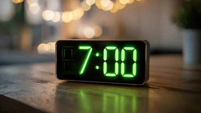 Digital clock displaying seven o'clock with a soft background ambiance and warm lighting in a cozy room setting