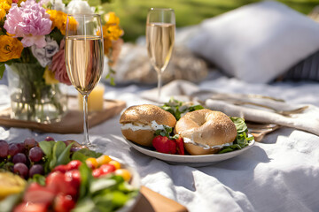 Enjoying a cozy outdoor brunch with bagels, fresh fruits, and sparkling drinks in a sunny park setting