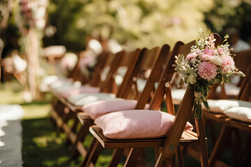 Elegant wedding ceremony setup with floral arrangements and wooden chairs in a lush garden setting
