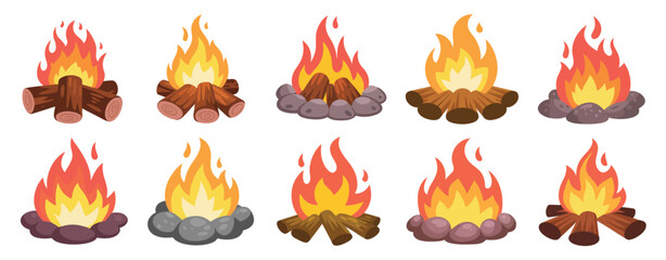 Collection of Cartoon Campfire Illustrations with Flames
