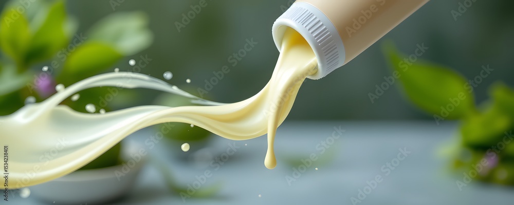 Poster creamy milk splash: a vibrant stream of creamy milk pours from a container, creating a dynamic splas