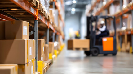 Warehouse interior with forklift operator transporting packages during busy workday