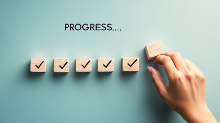 Hand placing final checkmark on wooden blocks symbolizing progress and completion