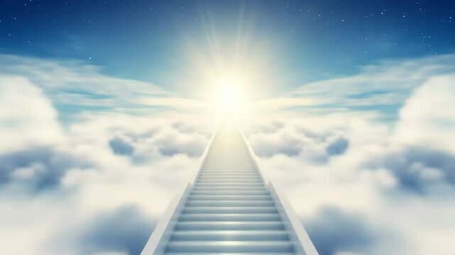 Bright light at the top of a stairway to heaven with white clouds in blue sky. Spiritual ascent and divine journey concept.
