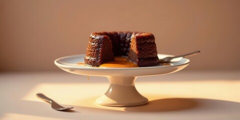 Warm Molten Chocolate Cake Delight Served on Elegant Pedestal with Caramel Sauce Drizzle