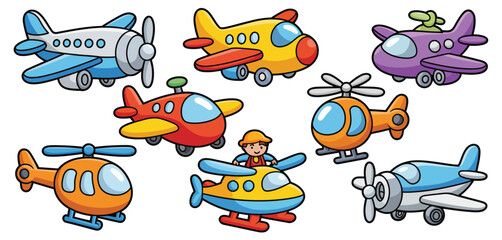 Collection of Cute Cartoon Airplanes and Helicopters