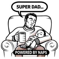 Father sleeping with baby in a cozy chair