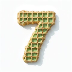Font number 7 shaped with green waffle snack pattern for kids mathematic symbol learning isolated white